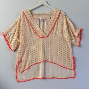 Tessora Women's Neon Trim Top Short Sleeve‎ Sheer Cover Up Size S Embroidered